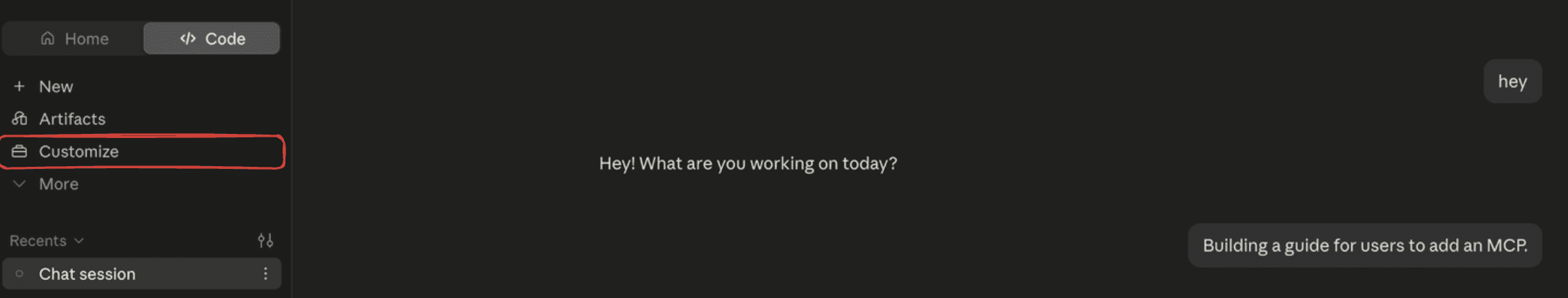 Claude's left sidebar with the Customize option highlighted