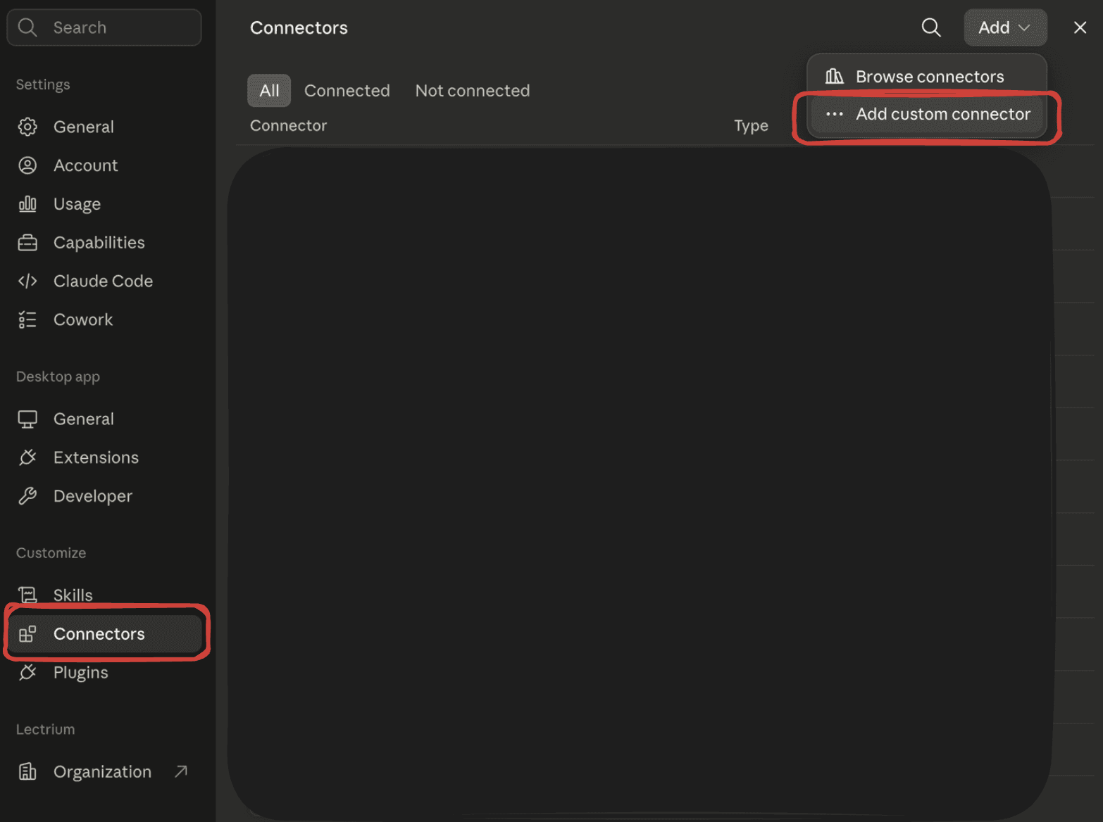 Claude's Connectors settings with Connectors selected and Add custom connector highlighted