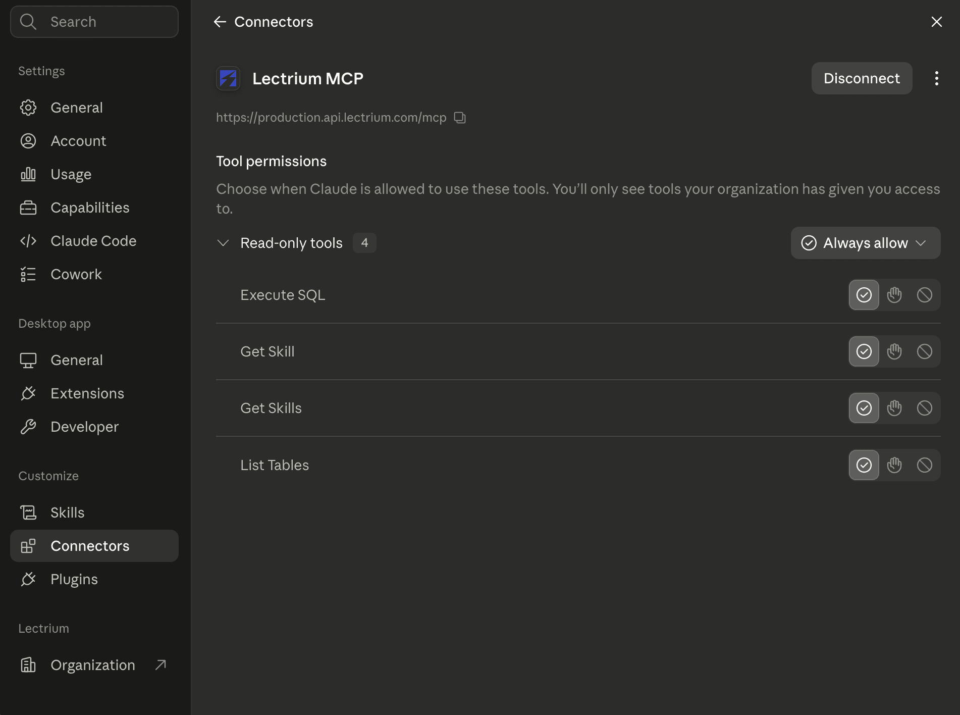 Claude's Connectors settings showing Lectrium MCP connected, with its read-only tools and a Disconnect button