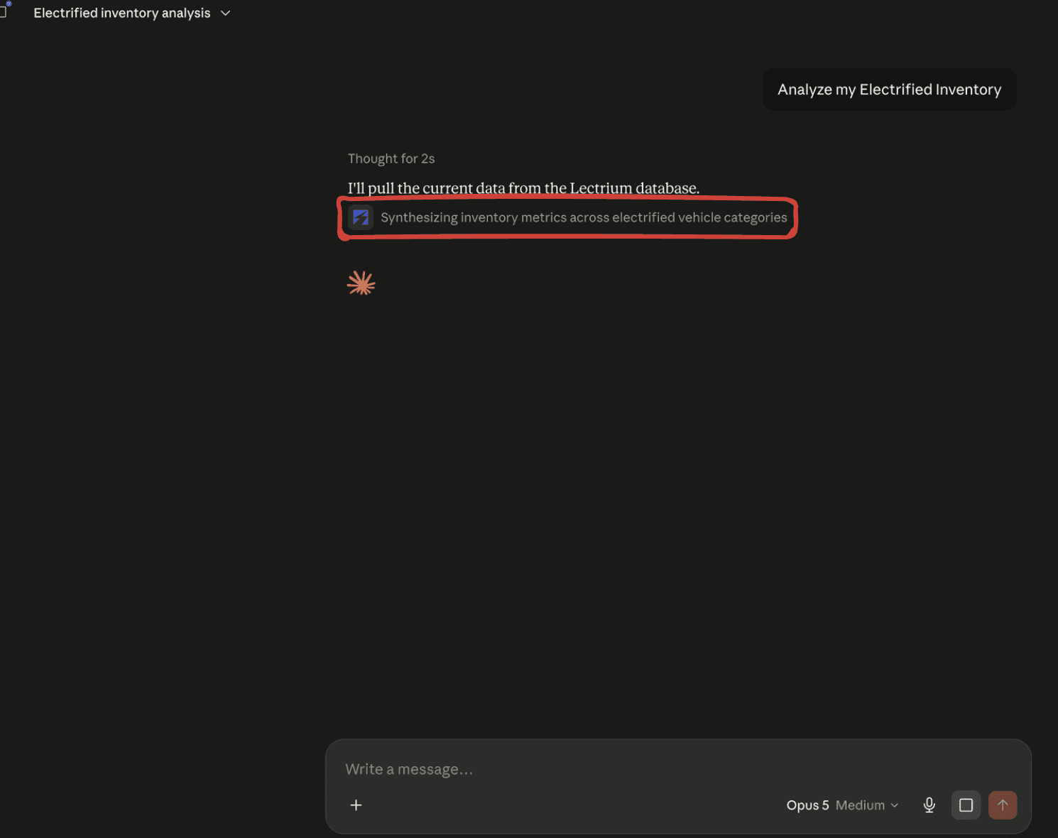 Claude answering "Analyze my Electrified Inventory" using the Lectrium connector to synthesize inventory metrics